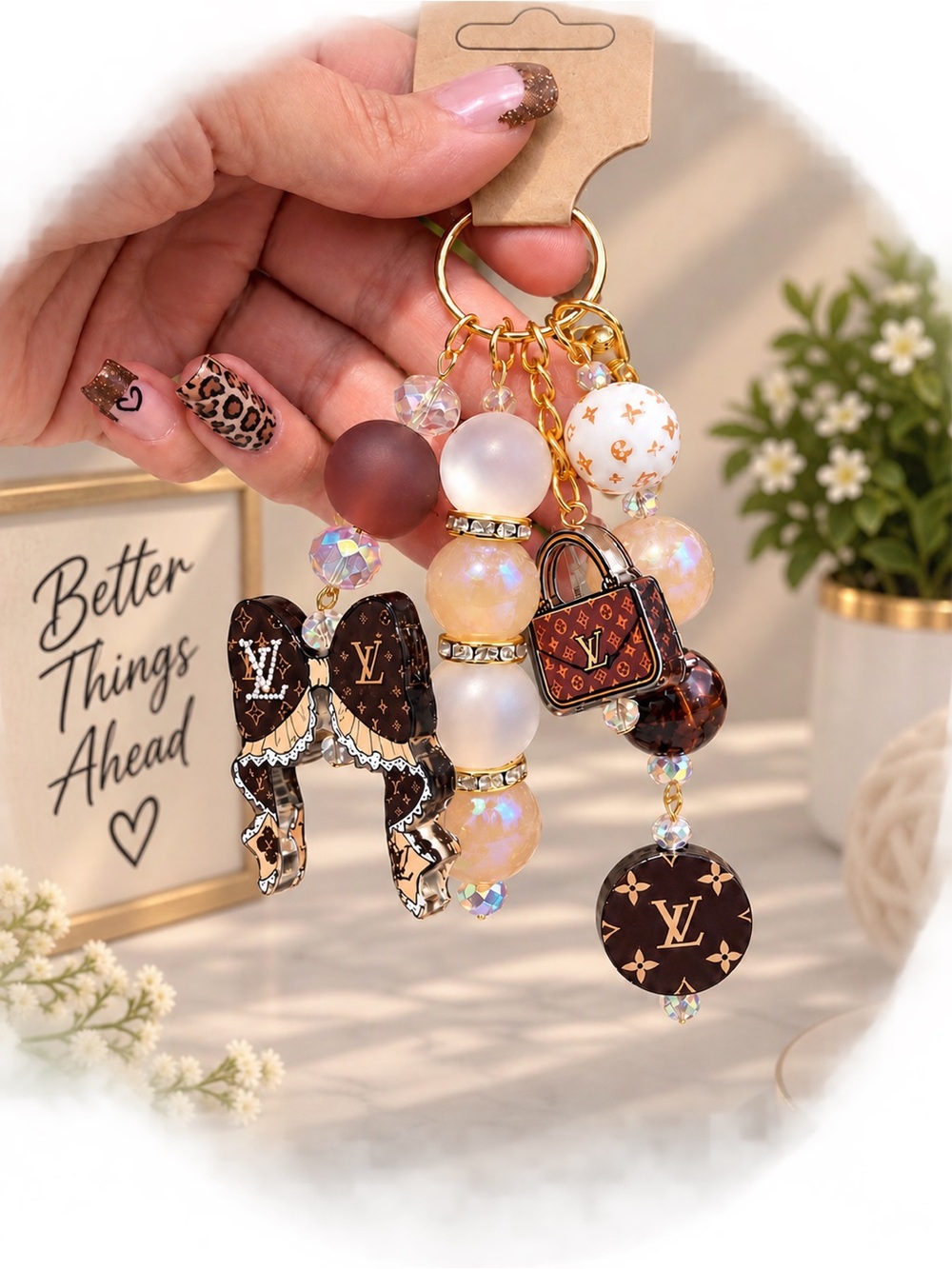 Brown Cream Beaded Keychain/Purse Charm Accessory